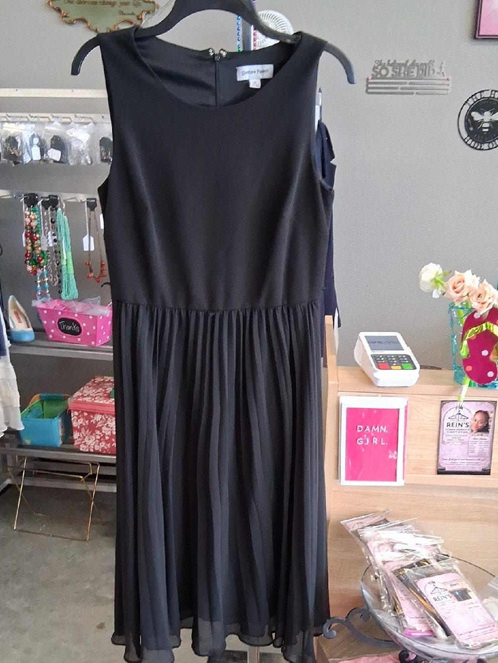 Shelby & Palmer Black Sleeveless Pleated Midi Dress with Round Neck